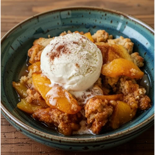 Easy Peach Cobbler with Fresh Peaches: Deliciously Simple 2 Easy peach cobbler with fresh peaches served in blue bowls with vanilla ice cream