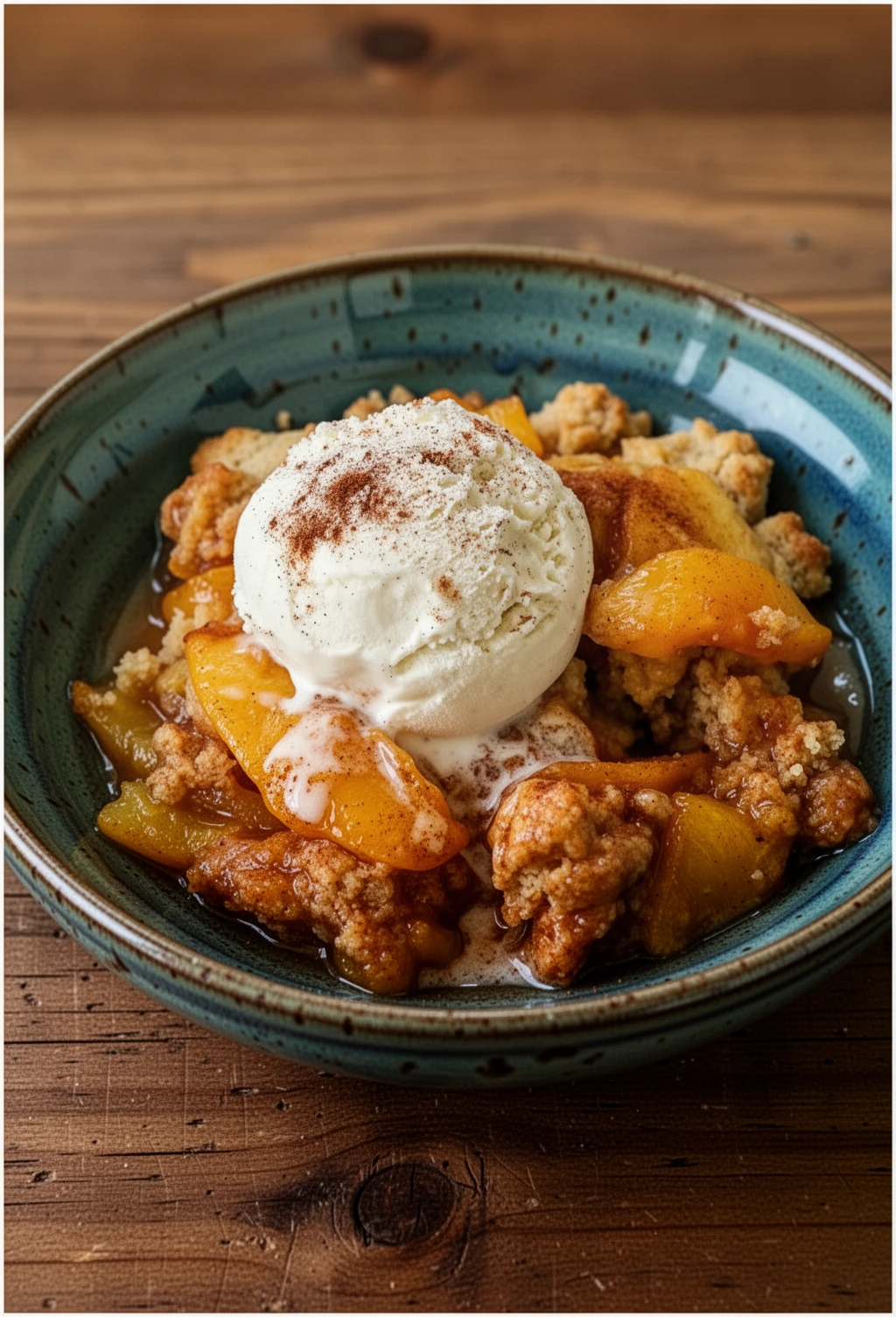 Easy Peach Cobbler with Fresh Peaches and Vanilla Ice Cream Easy peach cobbler with fresh peaches served in blue bowls with vanilla ice cream