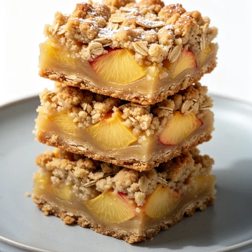 Easy peach crumble bars with golden crumble topping and juicy peach filling