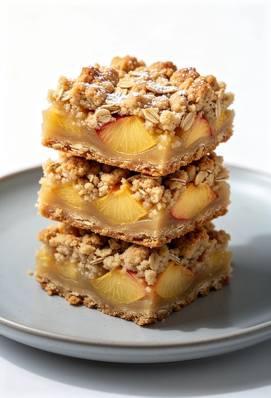 Easy peach crumble bars with golden crumble topping and juicy peach filling