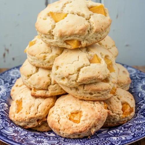 Easy peach scones on a blue floral plate with fresh peach pieces visible