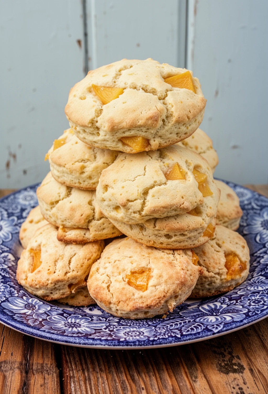 Easy peach scones on a blue floral plate with fresh peach pieces visible