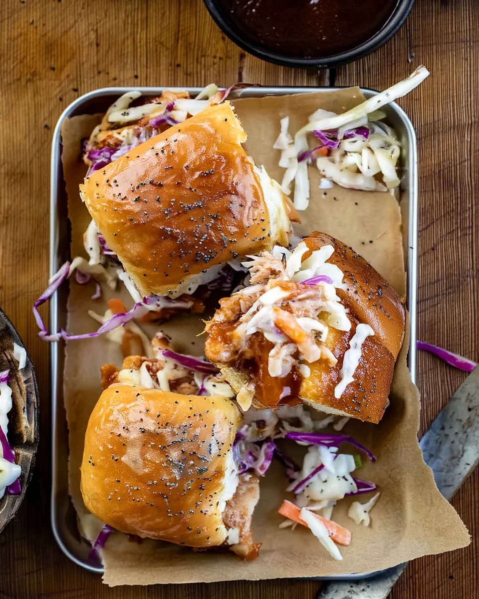 Easy pulled pork sliders with coleslaw and poppy seeds on a tray