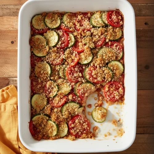 Easy Zucchini Casserole: A Deliciously Simple Delight 2 Easy zucchini casserole with tomato and cheesy breadcrumb topping in white baking dish