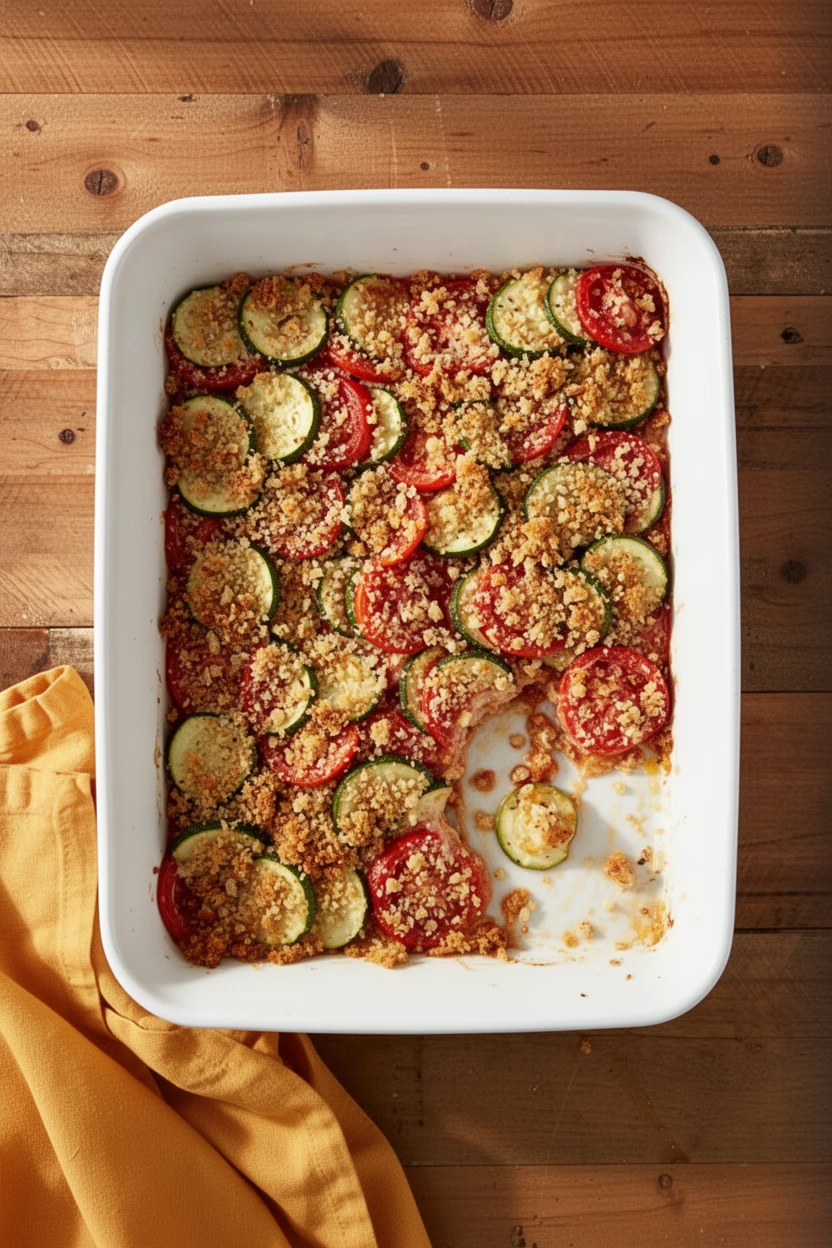 Easy Zucchini Casserole with Tomatoes and Cheesy Breadcrumb Topping Easy zucchini casserole with tomato and cheesy breadcrumb topping in white baking dish