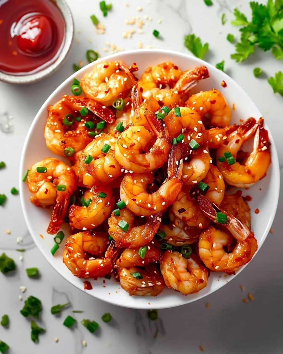 Crispy firecracker shrimp with green onions and sesame seeds in a white bowl