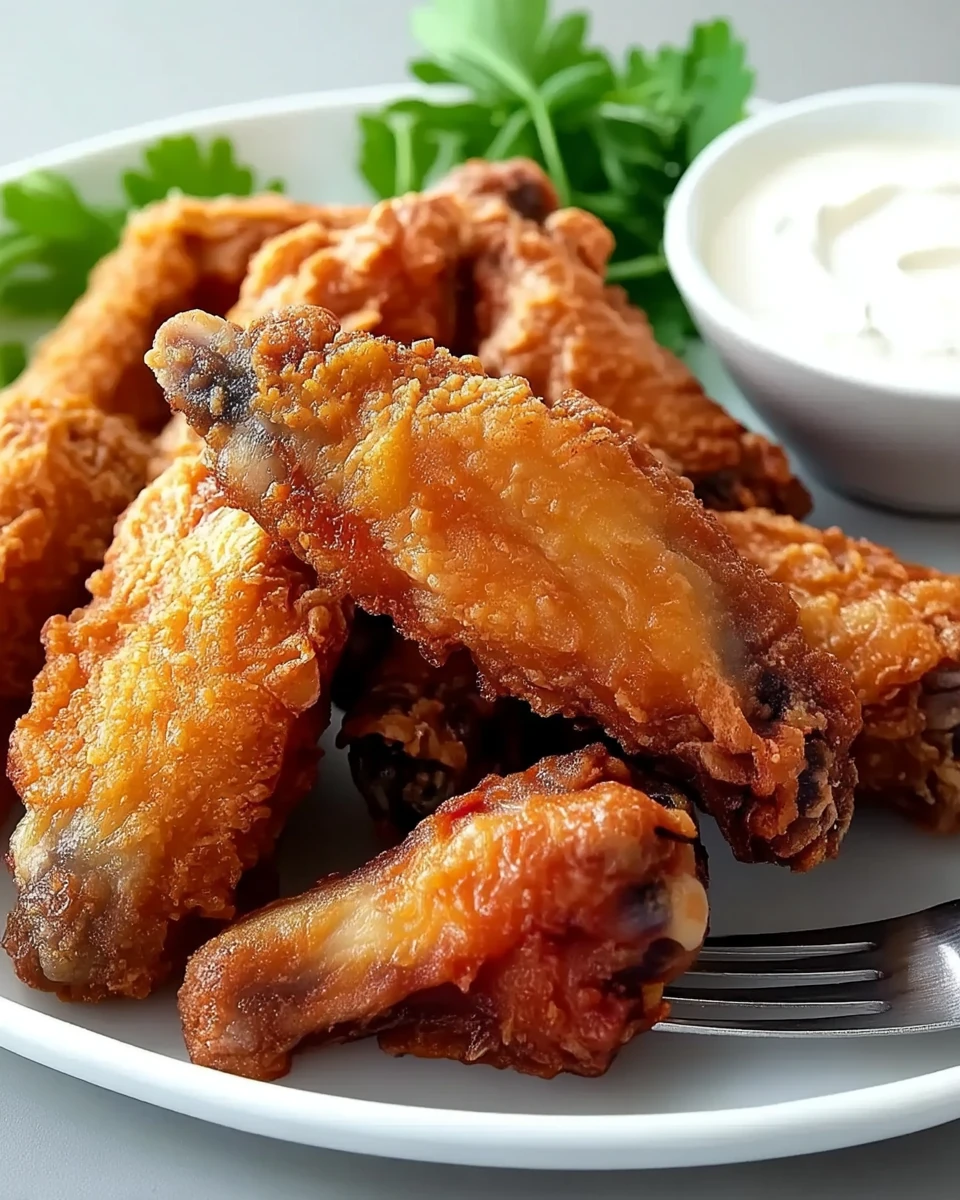 Flavorful deep fried chicken wings on a plate with dipping sauce