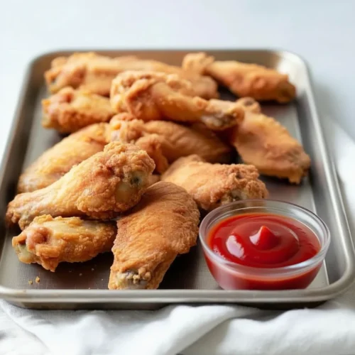 Flavorful deep fried chicken wings on a tray with ketchup