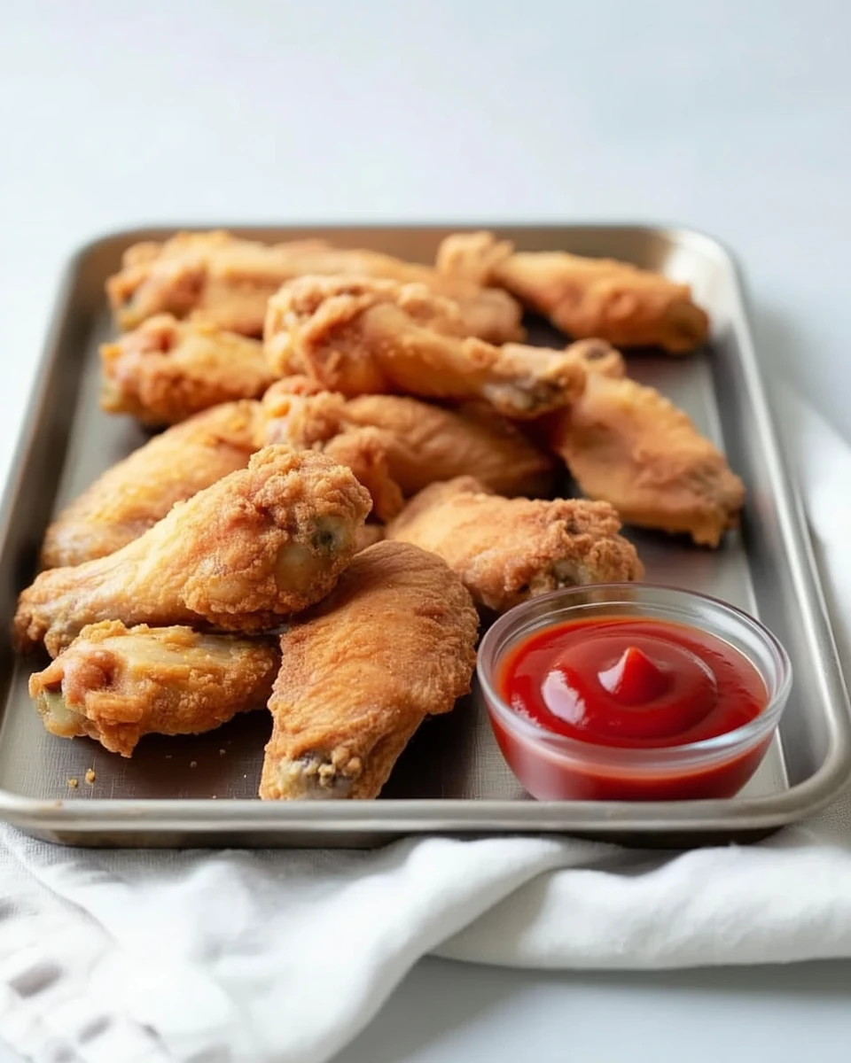 Flavorful deep fried chicken wings on a tray with ketchup