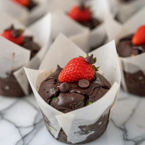 Flourless keto zucchini muffins in parchment liners with strawberries