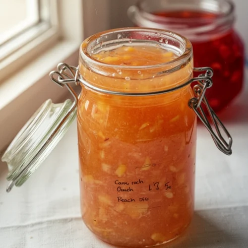 Freezer peach jam in a glass jar with swing lid, showcasing bright orange color and fruit chunks