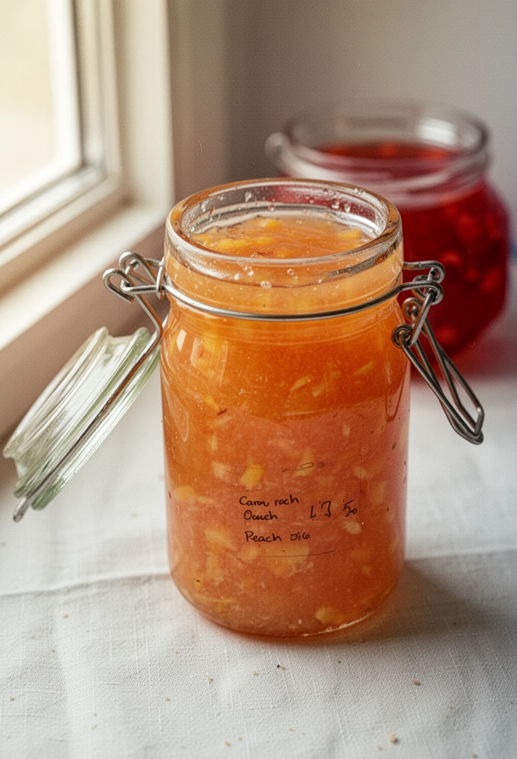 Freezer peach jam in a glass jar with swing lid, showcasing bright orange color and fruit chunks