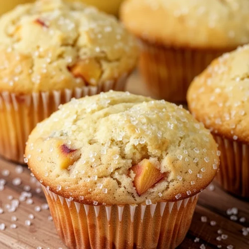 Fresh peach muffins with sparkling sugar topping, golden crust, juicy peach pieces inside