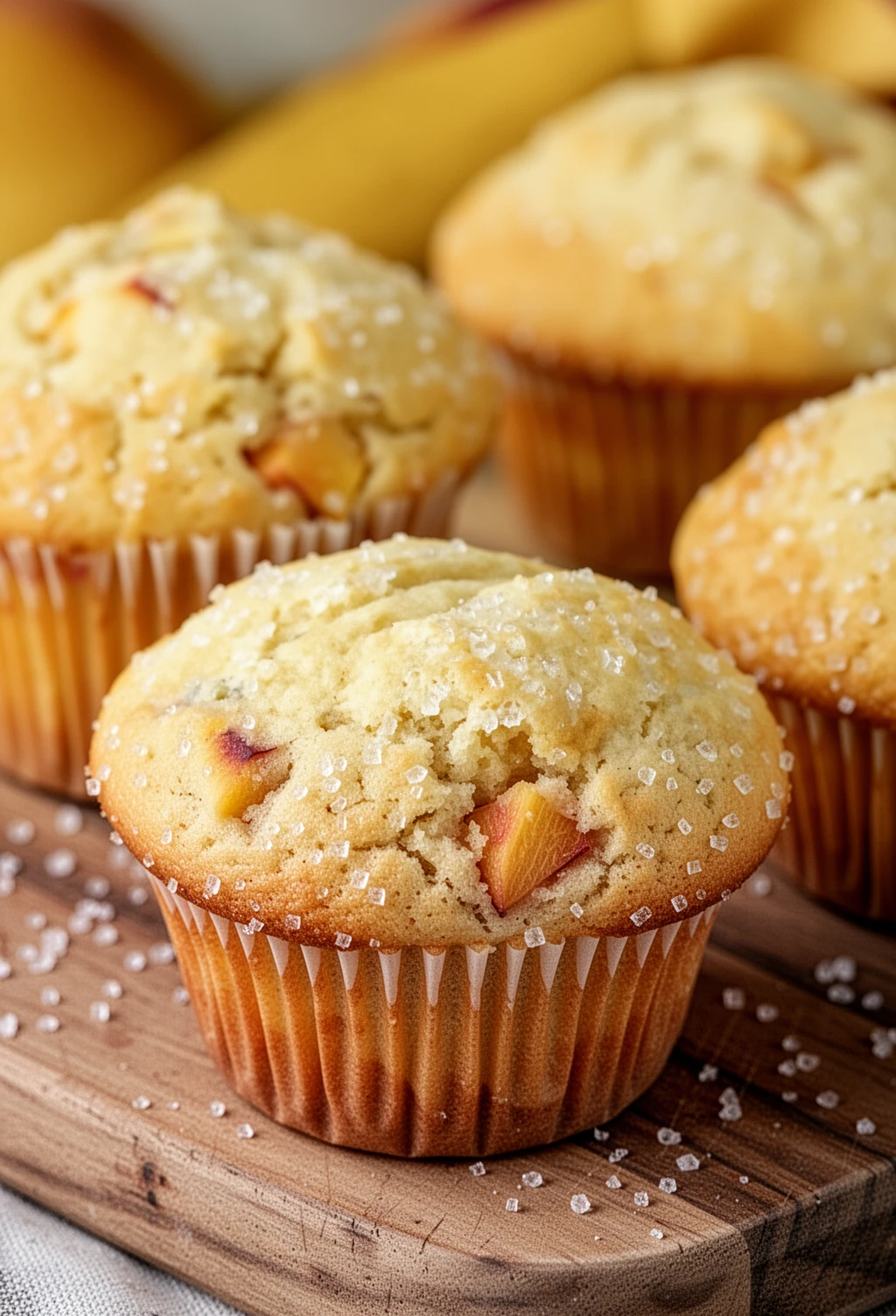 Fresh peach muffins with sparkling sugar topping, golden crust, juicy peach pieces inside