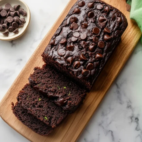 Fudgy double chocolate zucchini bread with chocolate chips on a wooden board