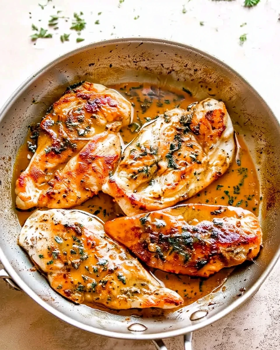 Garlic butter pan fried chicken breasts in a skillet with herb sauce