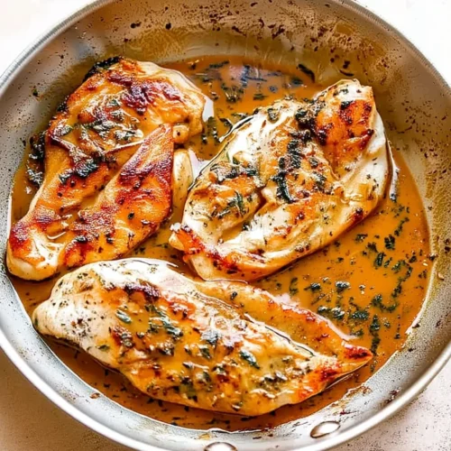 Garlic butter pan fried chicken breasts in a skillet with herb sauce