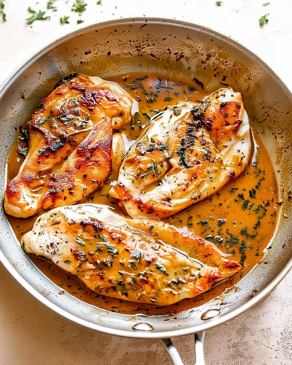 Garlic butter pan fried chicken breasts in a skillet with herb sauce