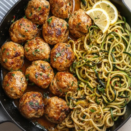 Garlic butter turkey meatballs with lemon zucchini noodles in a skillet