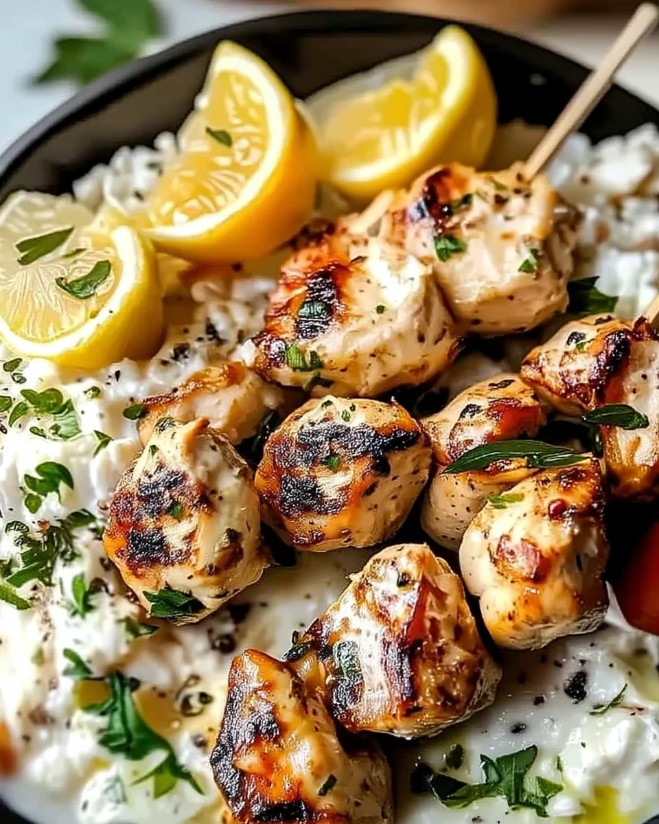 Grilled Greek chicken souvlaki with lemon and herbs on a bed of tzatziki and rice