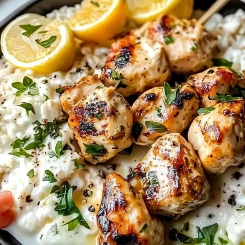 Grilled Greek chicken souvlaki with lemon and herbs on a plate