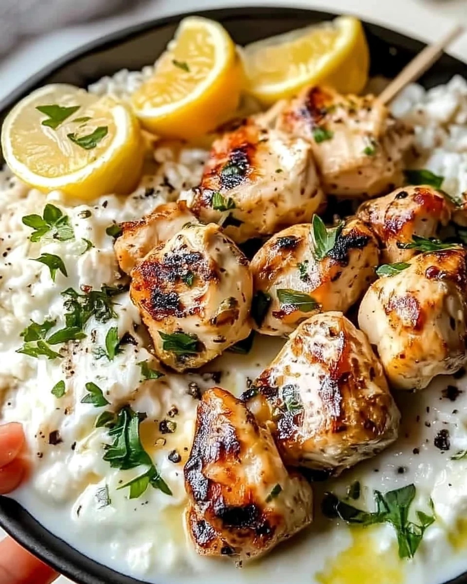 Grilled Greek chicken souvlaki with lemon and herbs on a plate