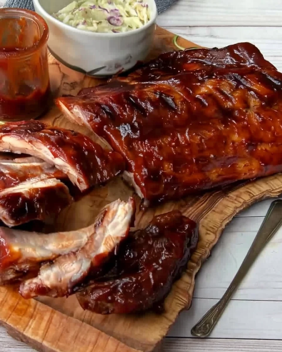 Juicy grilled BBQ spare ribs with BBQ sauce and coleslaw on a wooden board