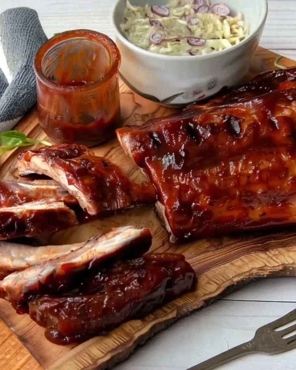 Juicy grilled BBQ spare ribs with BBQ sauce and coleslaw on a wooden board