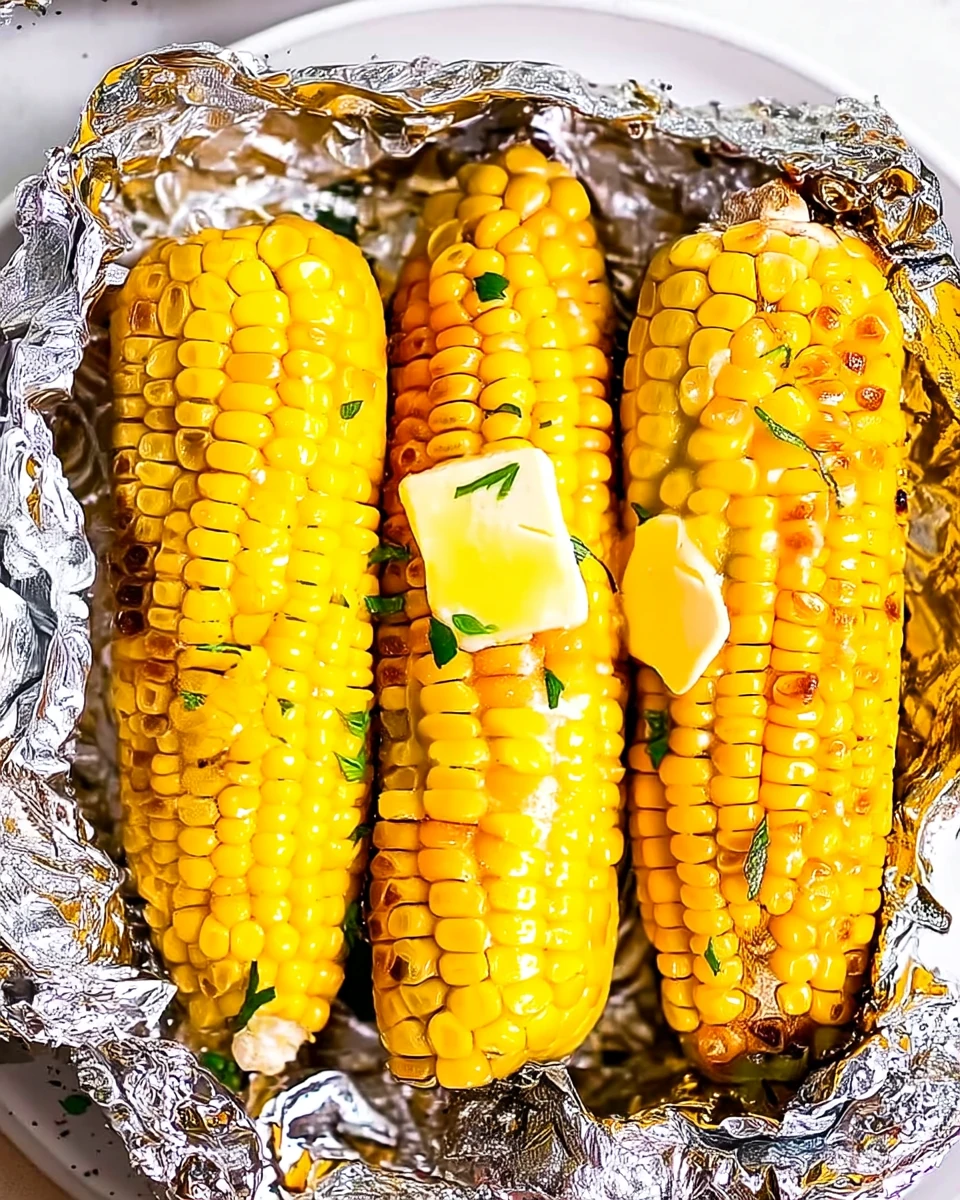 Grilled corn on the cob in foil with butter and herbs