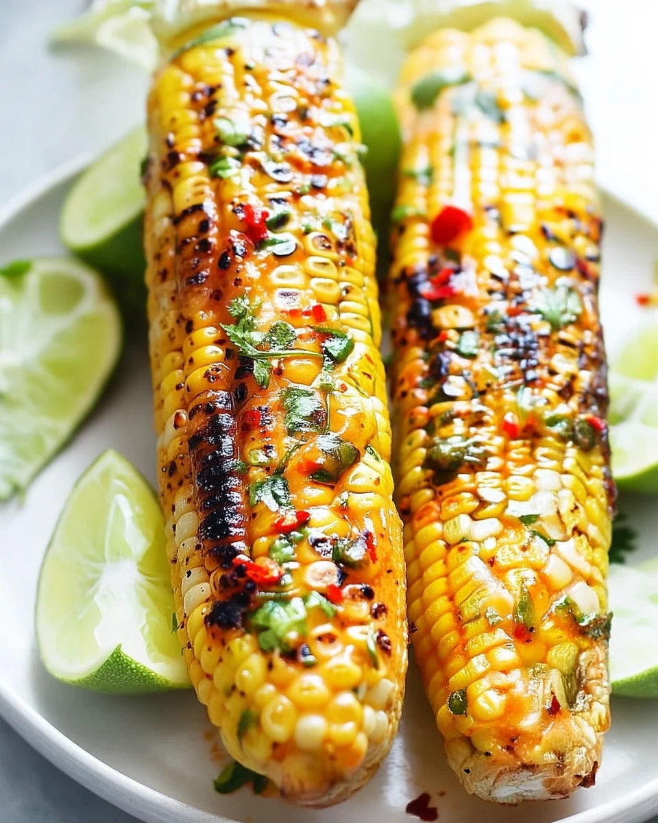 Grilled corn on the cob with chili lime butter, garnished with cilantro and lime