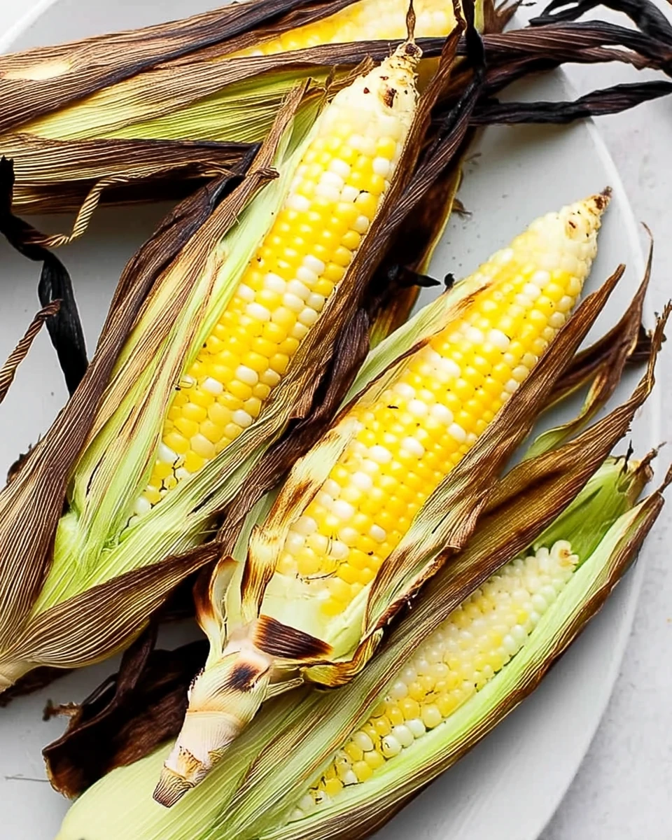 Grilled corn with husks on white plate, charred husks, juicy kernels