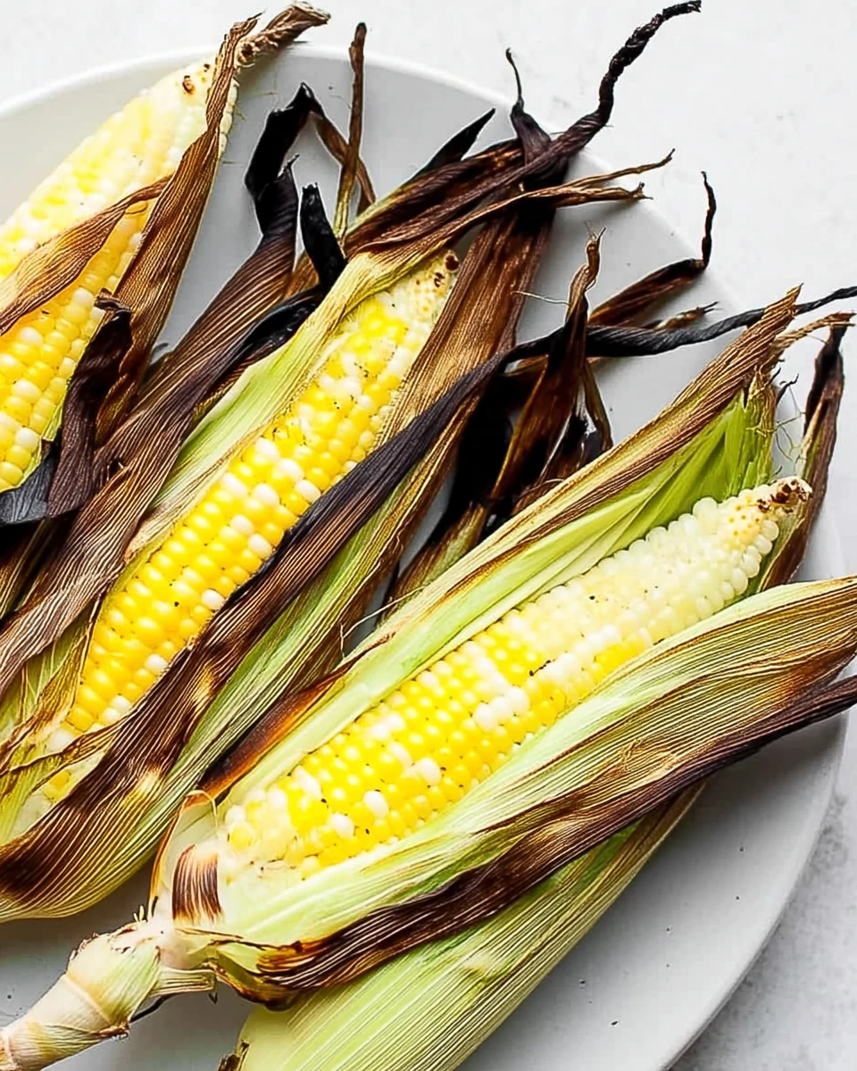Grilled corn with husks on white plate, charred husks, juicy kernels
