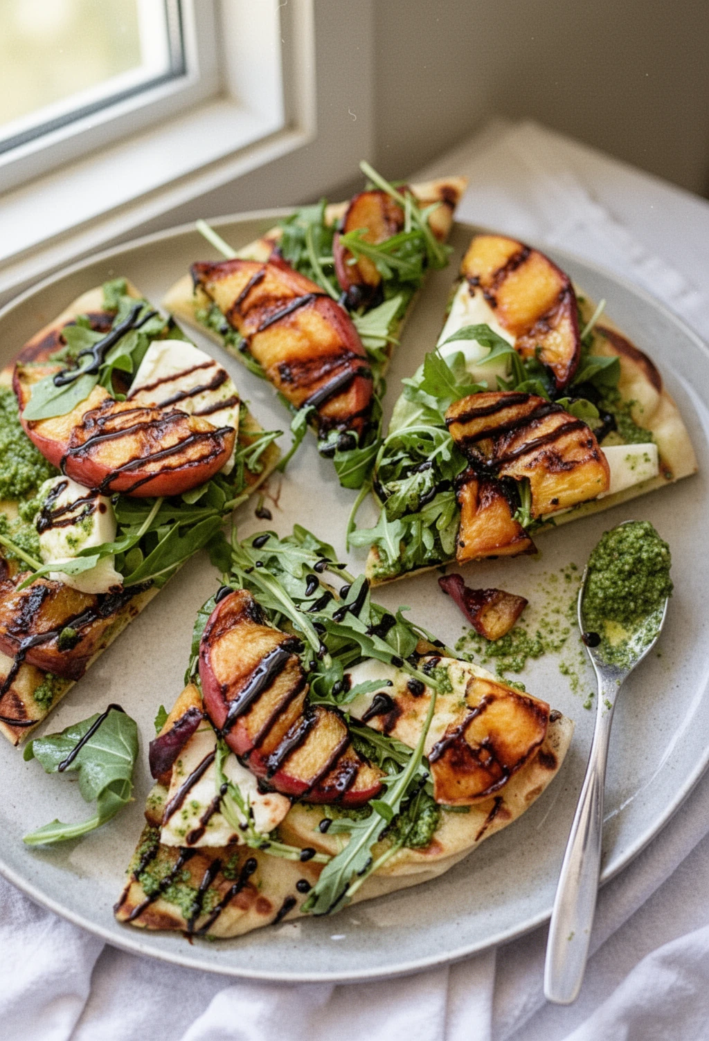 grilled flatbread with peaches and arugula pesto featured image