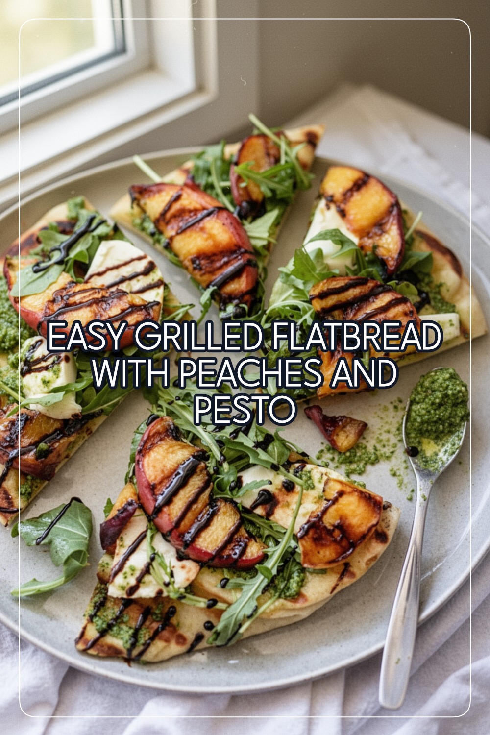 grilled flatbread with peaches and arugula pesto