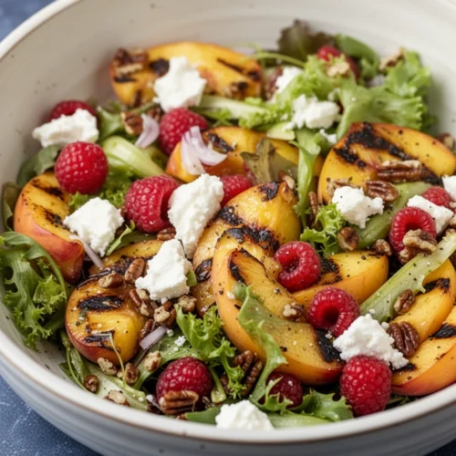 Grilled peach summer salad with fresh greens, raspberries, goat cheese, and maple vinaigrette