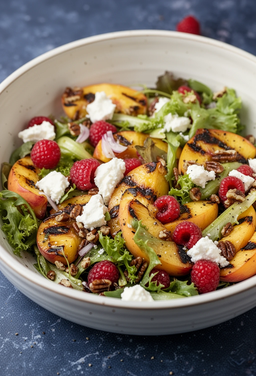 Grilled peach summer salad with fresh greens, raspberries, goat cheese, and maple vinaigrette