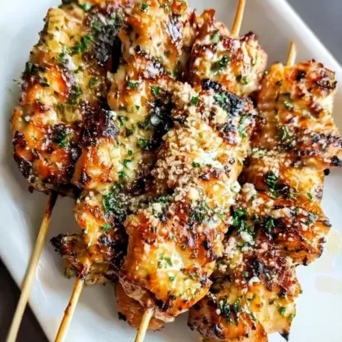 Grilled Ranch Garlic Parmesan Chicken Skewers: A Savory Delight 1 Grilled ranch garlic parmesan chicken skewers on a white plate, golden and herb-topped