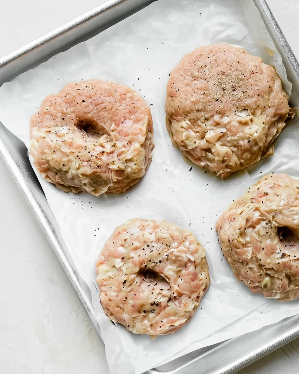 Raw grilled turkey burger patties on a baking sheet ready for grilling