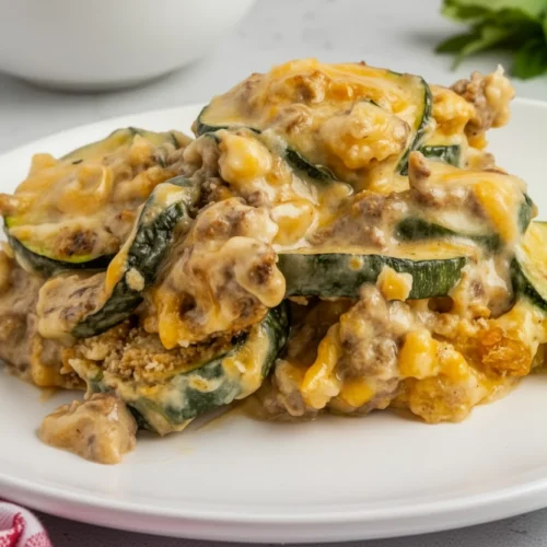 Creamy hamburger casserole with vegetables on a white plate