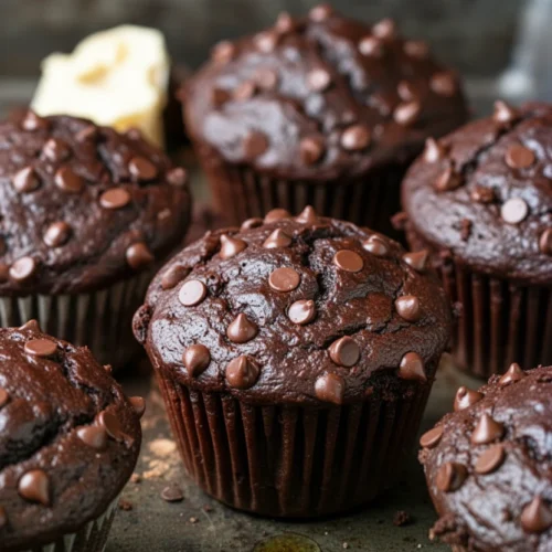 Healthy double chocolate zucchini muffins with chocolate chips on a rustic tray