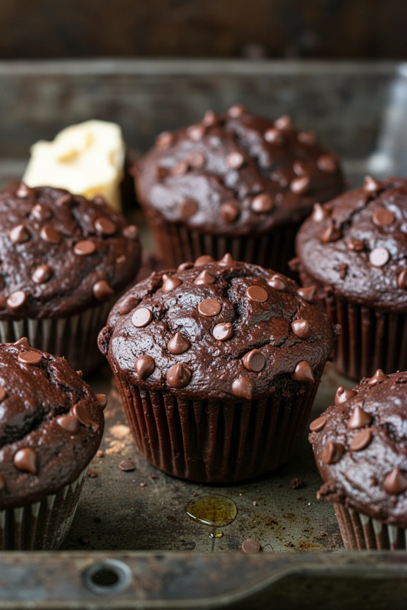 Healthy double chocolate zucchini muffins with chocolate chips on a rustic tray