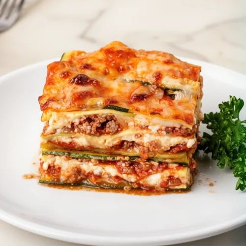 Healthy Keto Lasagna with Zucchini Noodles: A Delicious Twist 2 Healthy keto lasagna with zucchini noodles on a white plate with parsley
