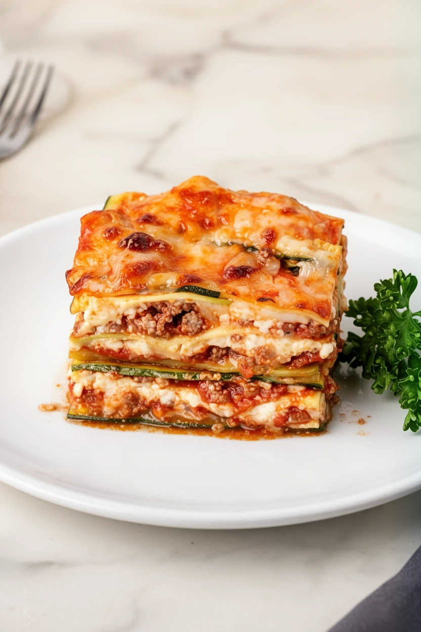 Healthy Keto Lasagna with Zucchini Noodles Healthy keto lasagna with zucchini noodles on a white plate with parsley