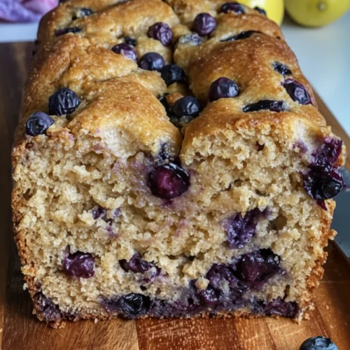 Healthy lemon blueberry bread with fresh blueberries and lemons in background