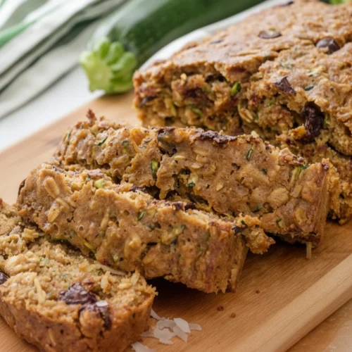 Slices of healthy oatmeal zucchini bread with chocolate chips and coconut on a wooden board
