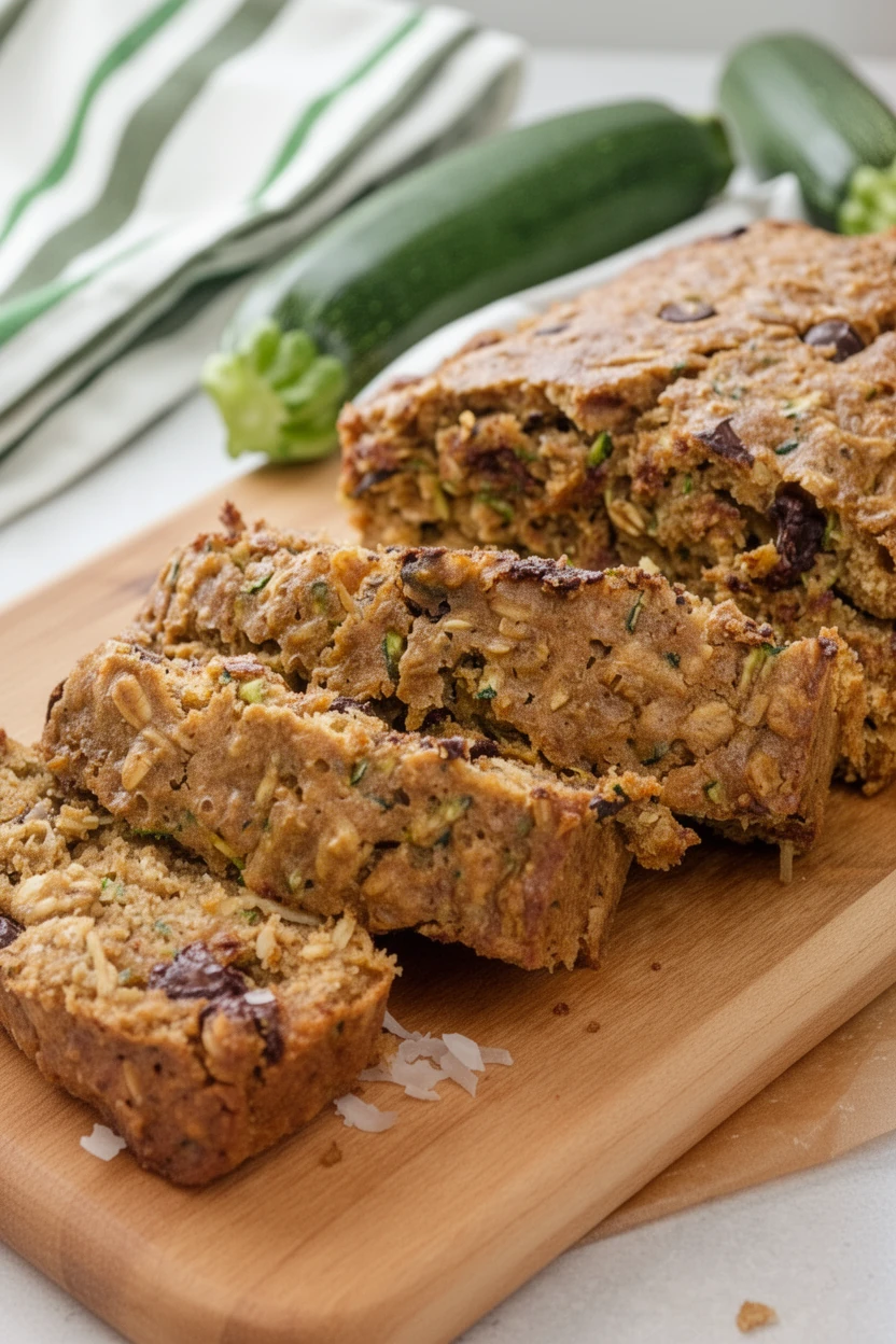 Slices of healthy oatmeal zucchini bread with chocolate chips and coconut on a wooden board