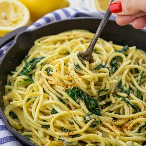 Healthy Ramen Zoodles: A Quick & Delicious Vegan Delight 2 Healthy ramen zoodles with spinach and lemon in a cast-iron skillet