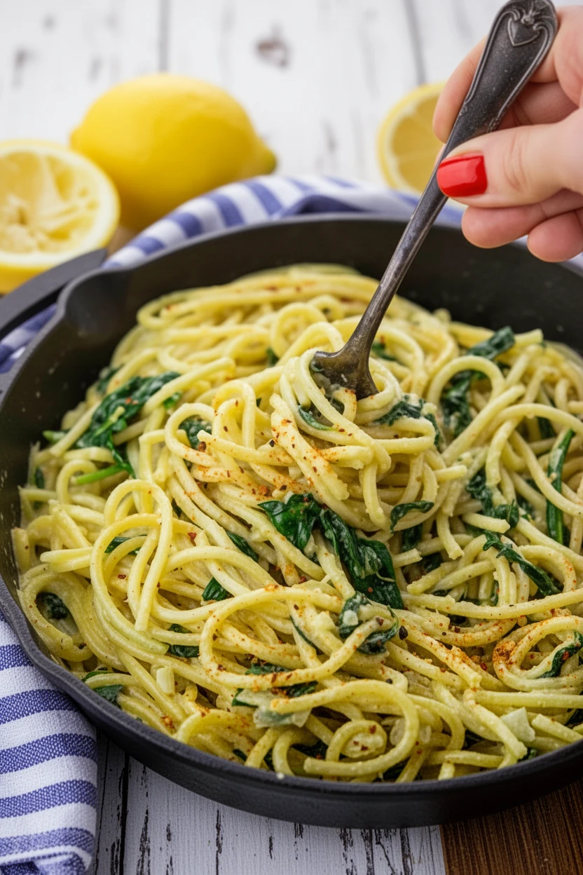 Healthy Ramen Zoodles with Spinach and Lemon Healthy ramen zoodles with spinach and lemon in a cast-iron skillet