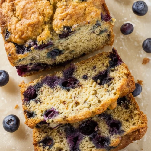Slices of homemade blueberry banana bread with fresh blueberries on parchment paper