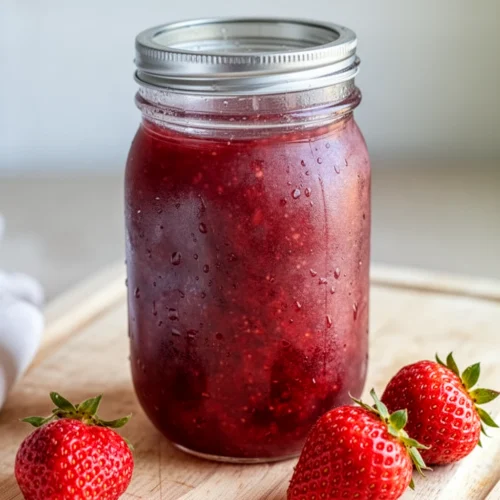 Homemade strawberry jam in a glass jar with fresh strawberries nearby